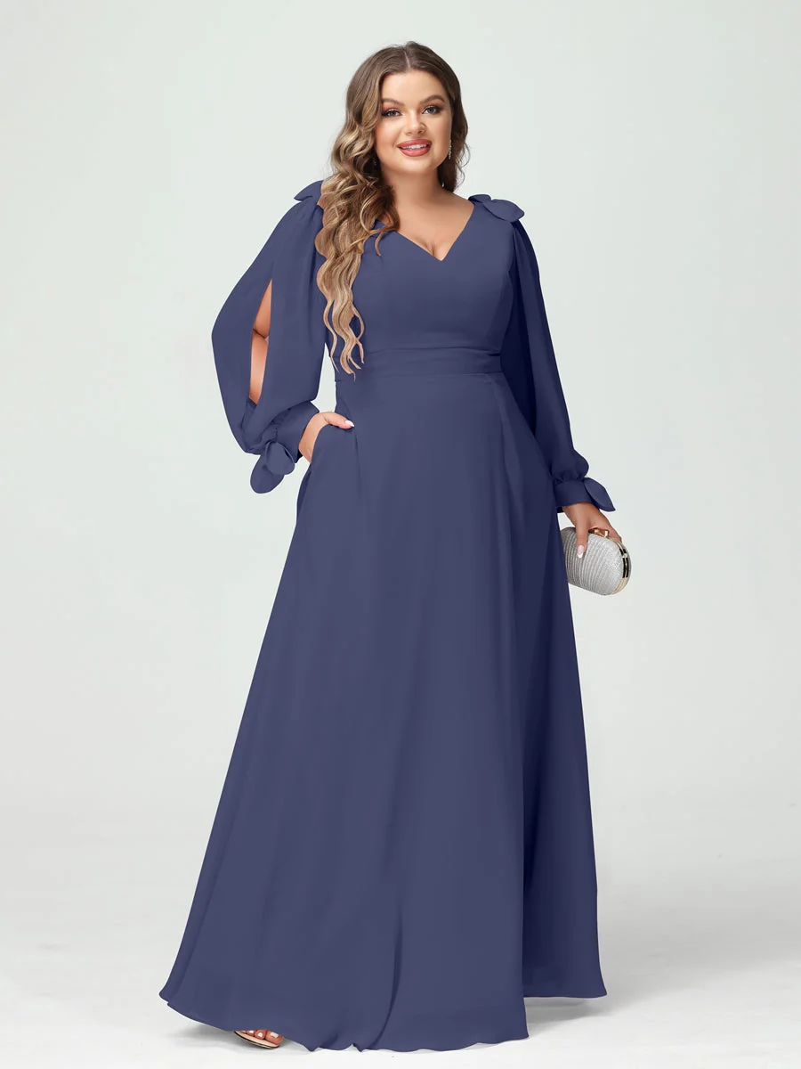 A-Line/Princess V-Neck Long Sleeves Plus Size Bridesmaid Dresses with Pockets & Split Side - Image 57