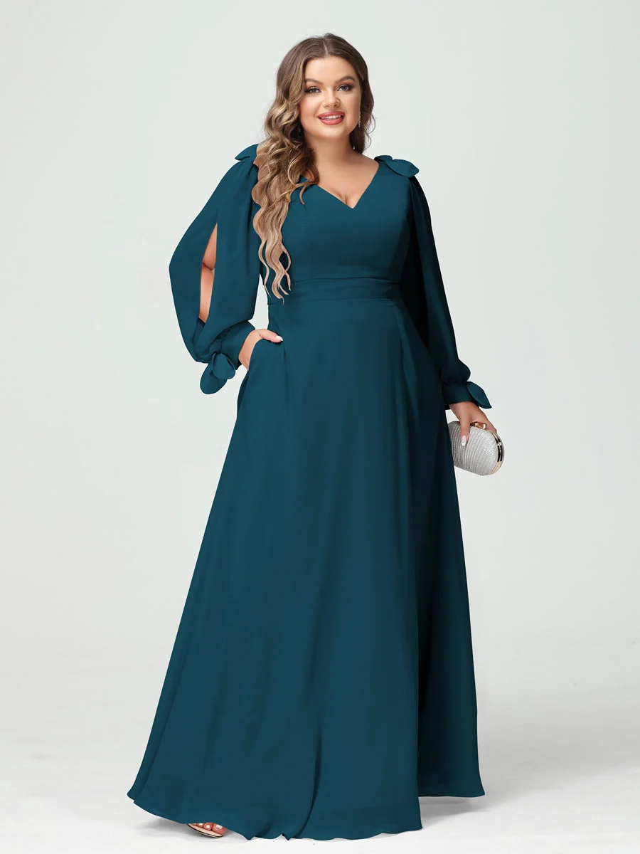 A-Line/Princess V-Neck Long Sleeves Plus Size Bridesmaid Dresses with Pockets & Split Side - Image 58