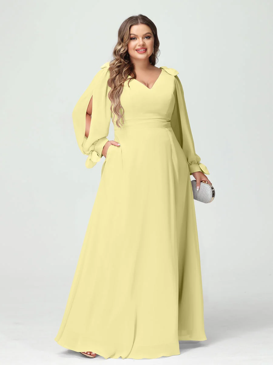 A-Line/Princess V-Neck Long Sleeves Plus Size Bridesmaid Dresses with Pockets & Split Side - Image 69