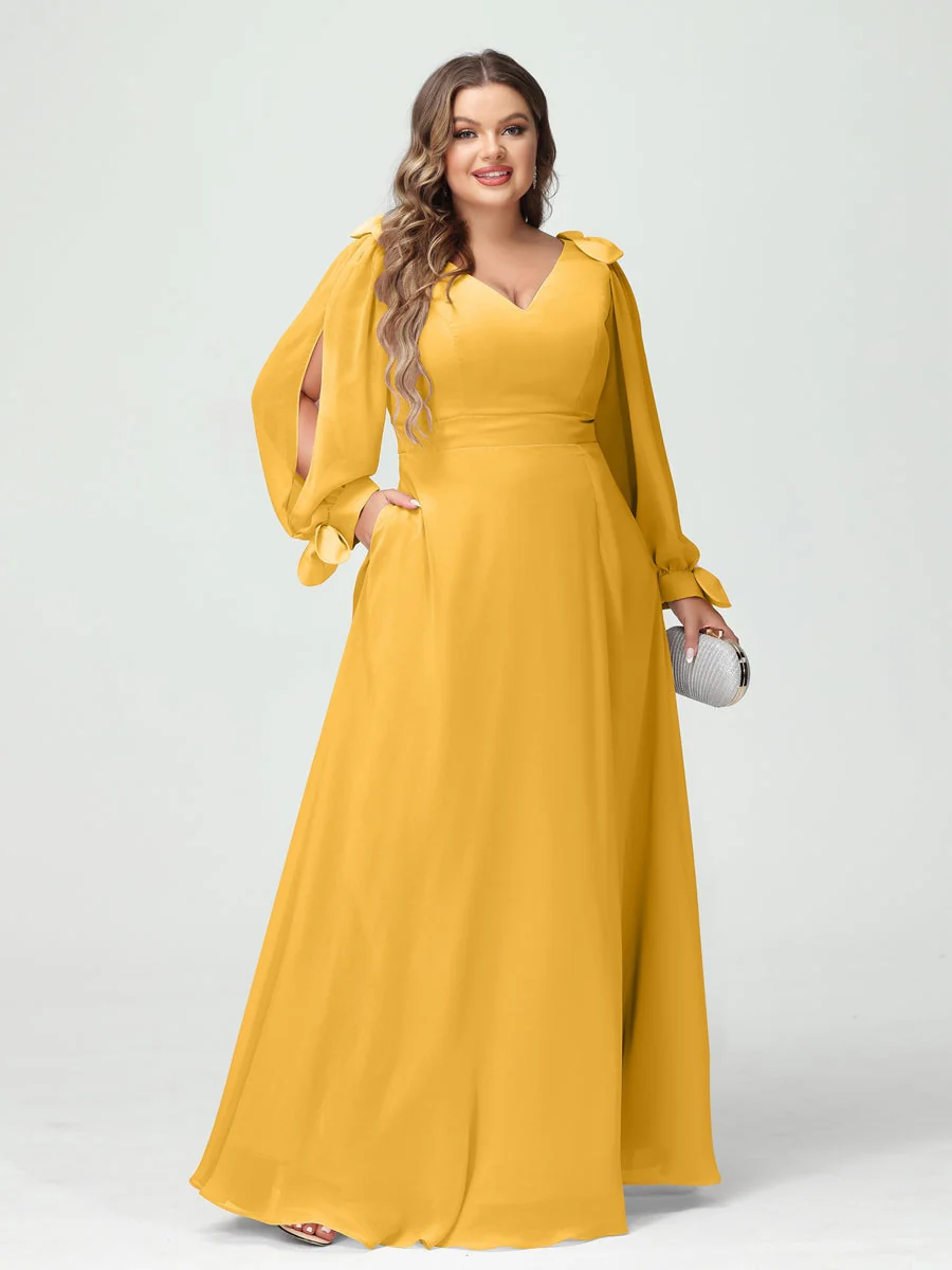 A-Line/Princess V-Neck Long Sleeves Plus Size Bridesmaid Dresses with Pockets & Split Side - Image 70