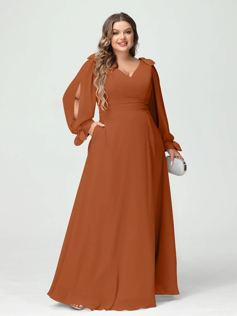 A-Line/Princess V-Neck Long Sleeves Plus Size Bridesmaid Dresses with Pockets & Split Side - Image 9
