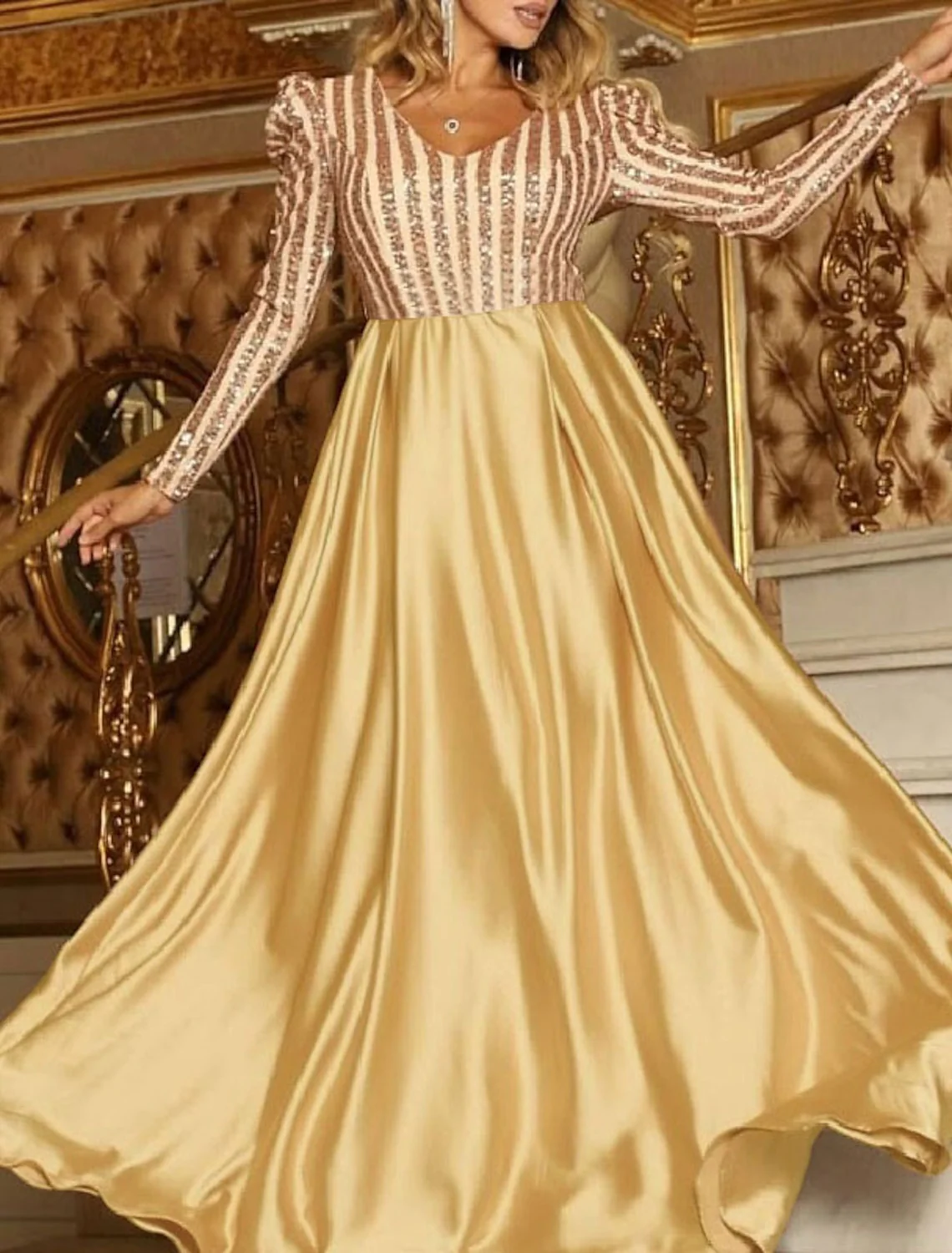 A-Line/Princess V-Neck Long sleeves Prom Evening Dresses with Sequins - Image 3