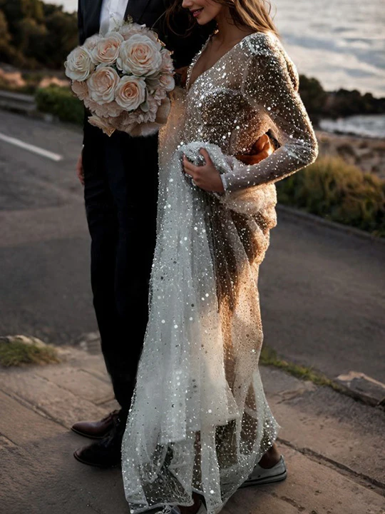 A-Line/Princess V-Neck Long Sleeves Sequins Wedding Dress - Image 6