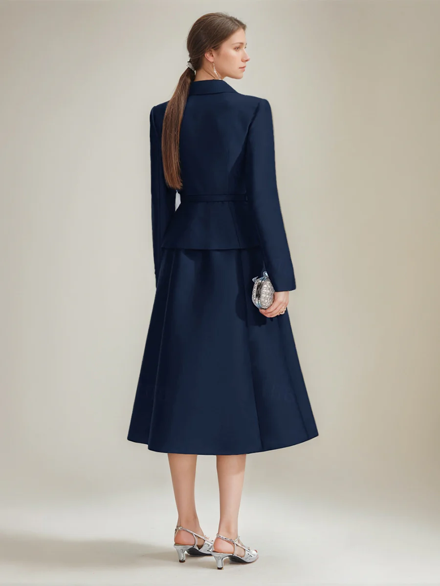 A-Line/Princess V-Neck Long Sleeves Tea-Length Mother of the Bride & Groom Dresses with Belt - Image 2