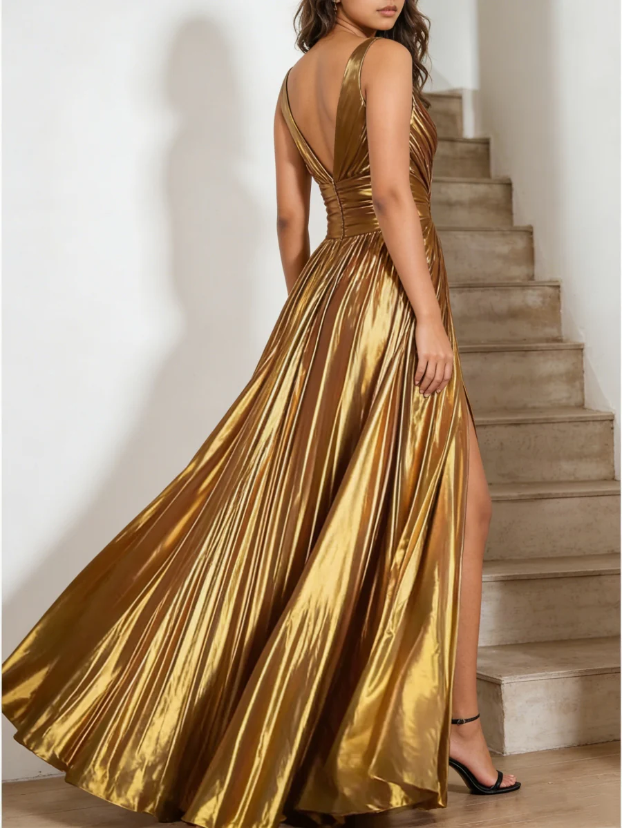 A-Line/Princess V-Neck Metallic Prom Dresses with Split Side Floor-Length Pleated Formal Dresses - Image 2