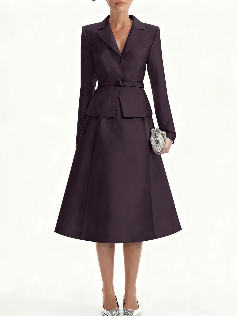A-Line/Princess V-Neck Mother of Bride Dresss Blazer Long Sleeves Tea-Length Belt Satin - Image 24