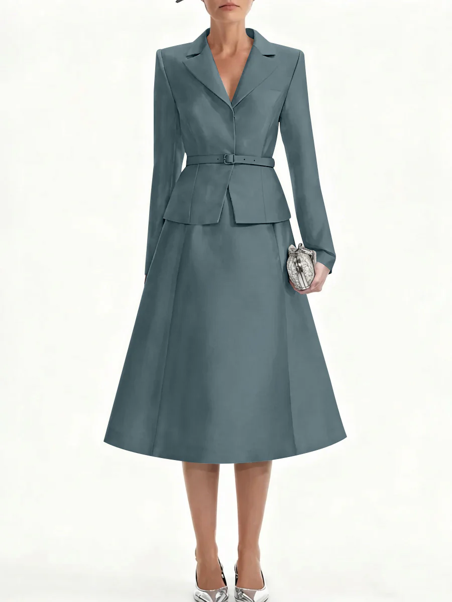 A-Line/Princess V-Neck Mother of Bride Dresss Blazer Long Sleeves Tea-Length Belt Satin - Image 25