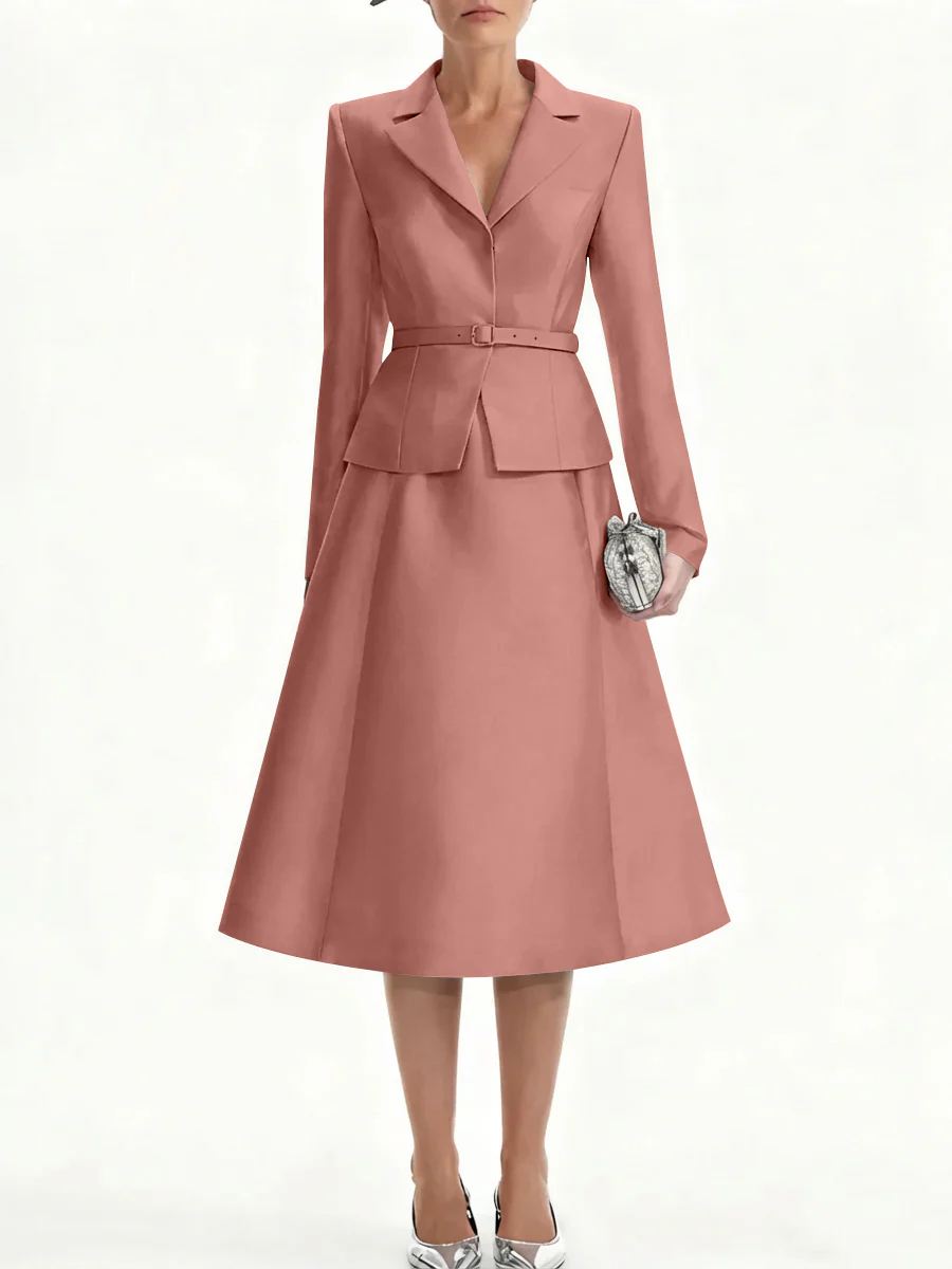 A-Line/Princess V-Neck Mother of Bride Dresss Blazer Long Sleeves Tea-Length Belt Satin - Image 26