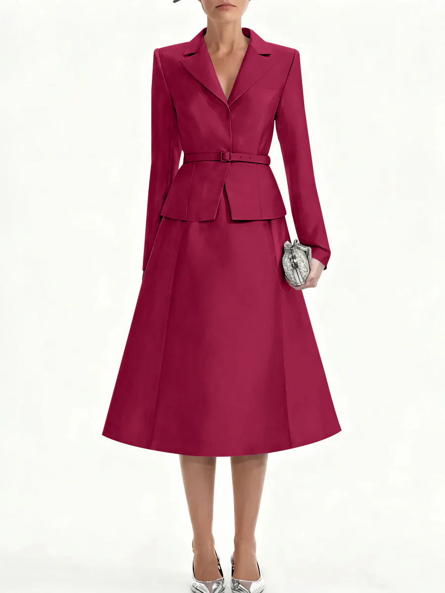 A-Line/Princess V-Neck Mother of Bride Dresss Blazer Long Sleeves Tea-Length Belt Satin - Image 27