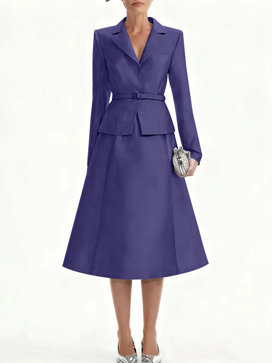 A-Line/Princess V-Neck Mother of Bride Dresss Blazer Long Sleeves Tea-Length Belt Satin - Image 33