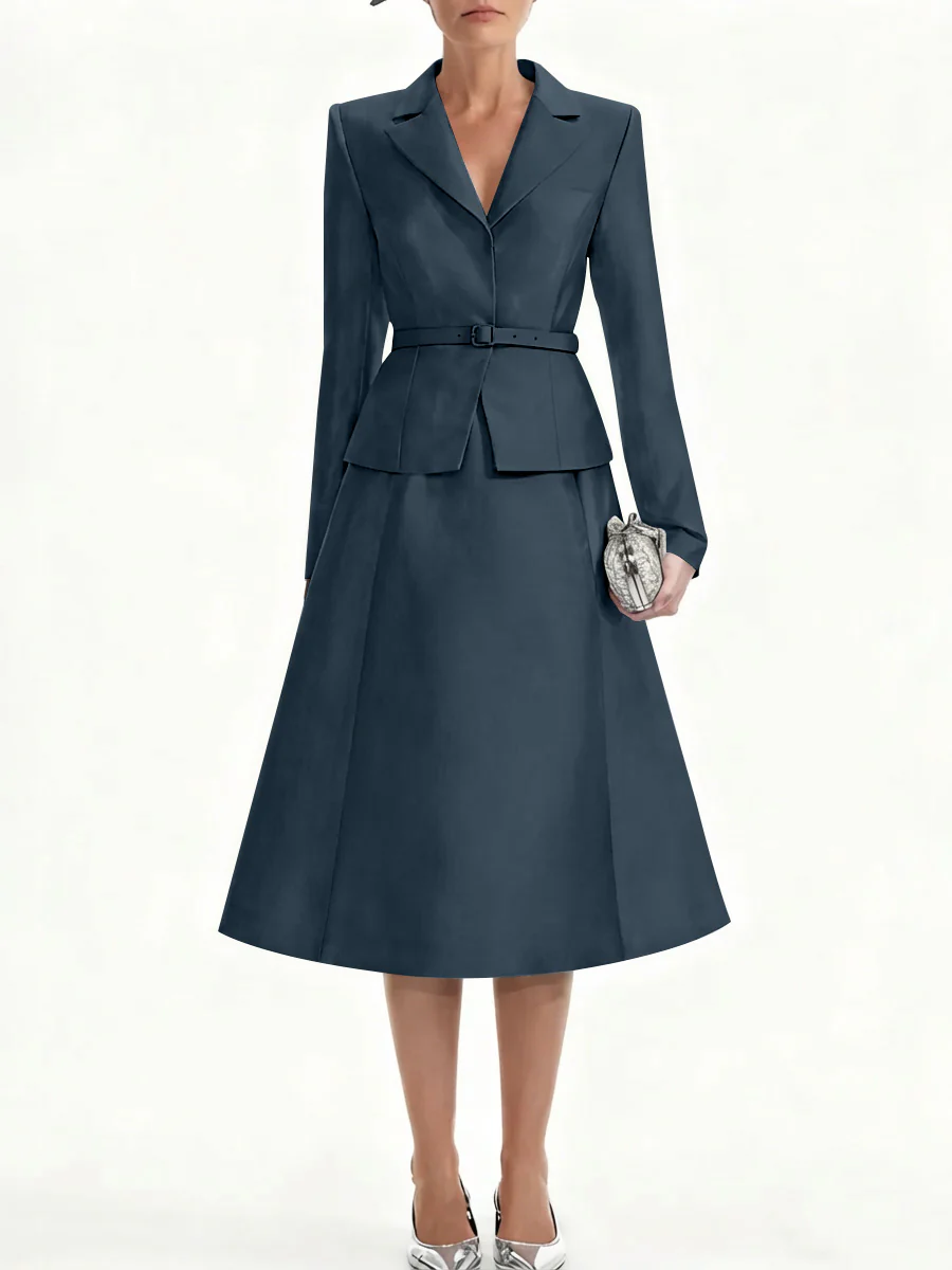 A-Line/Princess V-Neck Mother of Bride Dresss Blazer Long Sleeves Tea-Length Belt Satin - Image 50