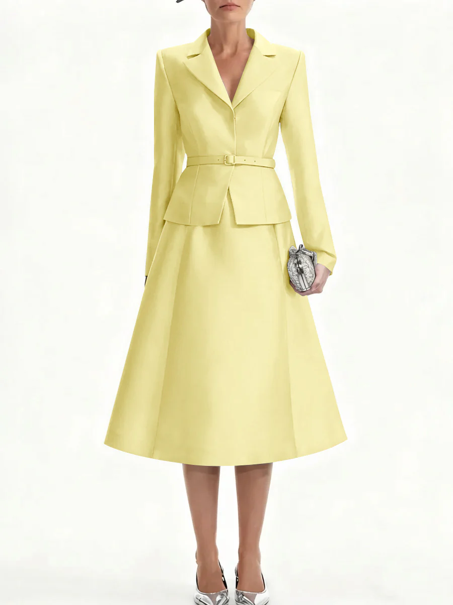 A-Line/Princess V-Neck Mother of Bride Dresss Blazer Long Sleeves Tea-Length Belt Satin - Image 57