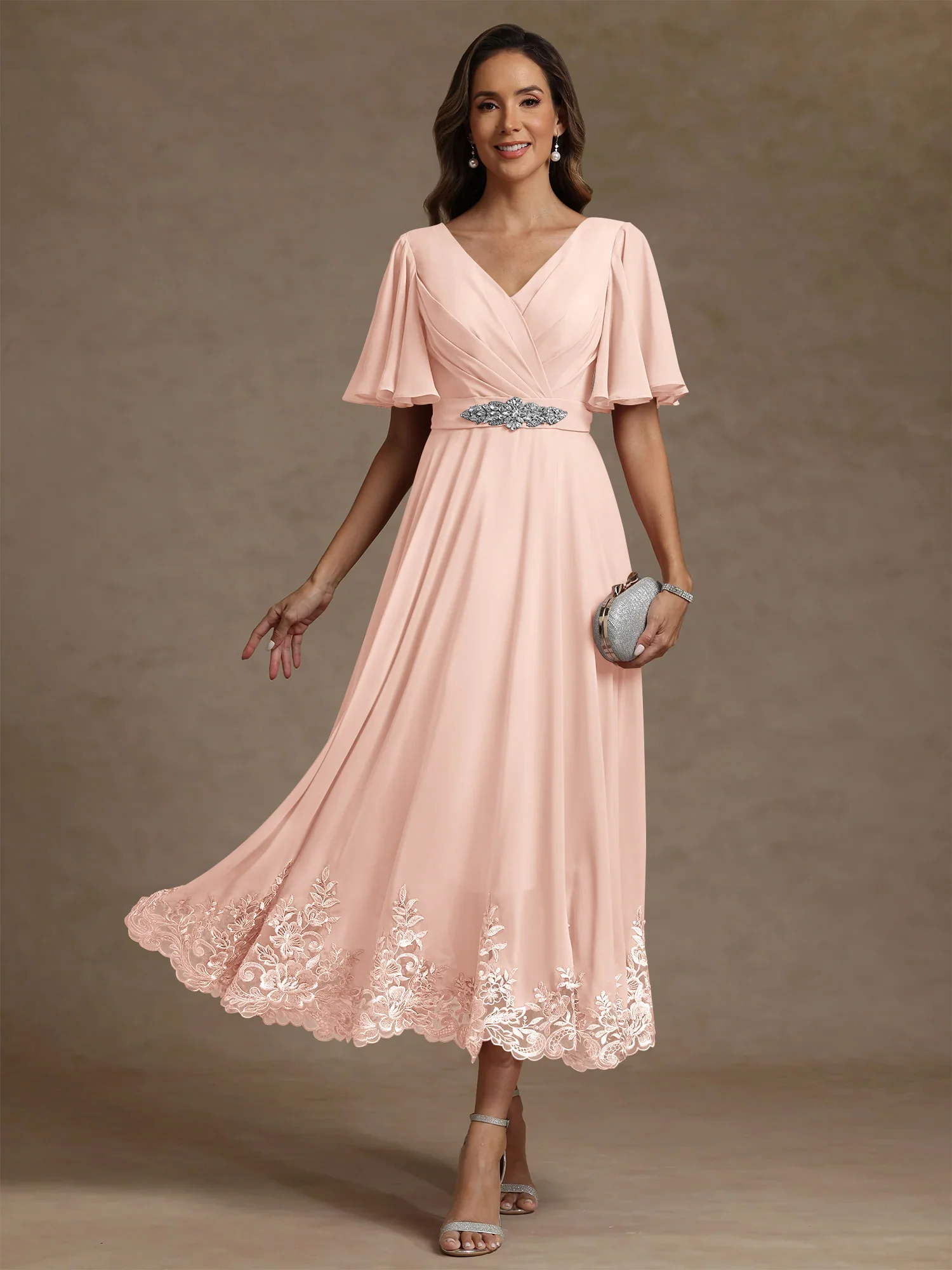 A-Line/Princess V Neck Mother of the Bride Dresses Short Sleeves Chiffon Lace Tea Length with Sash - Image 39