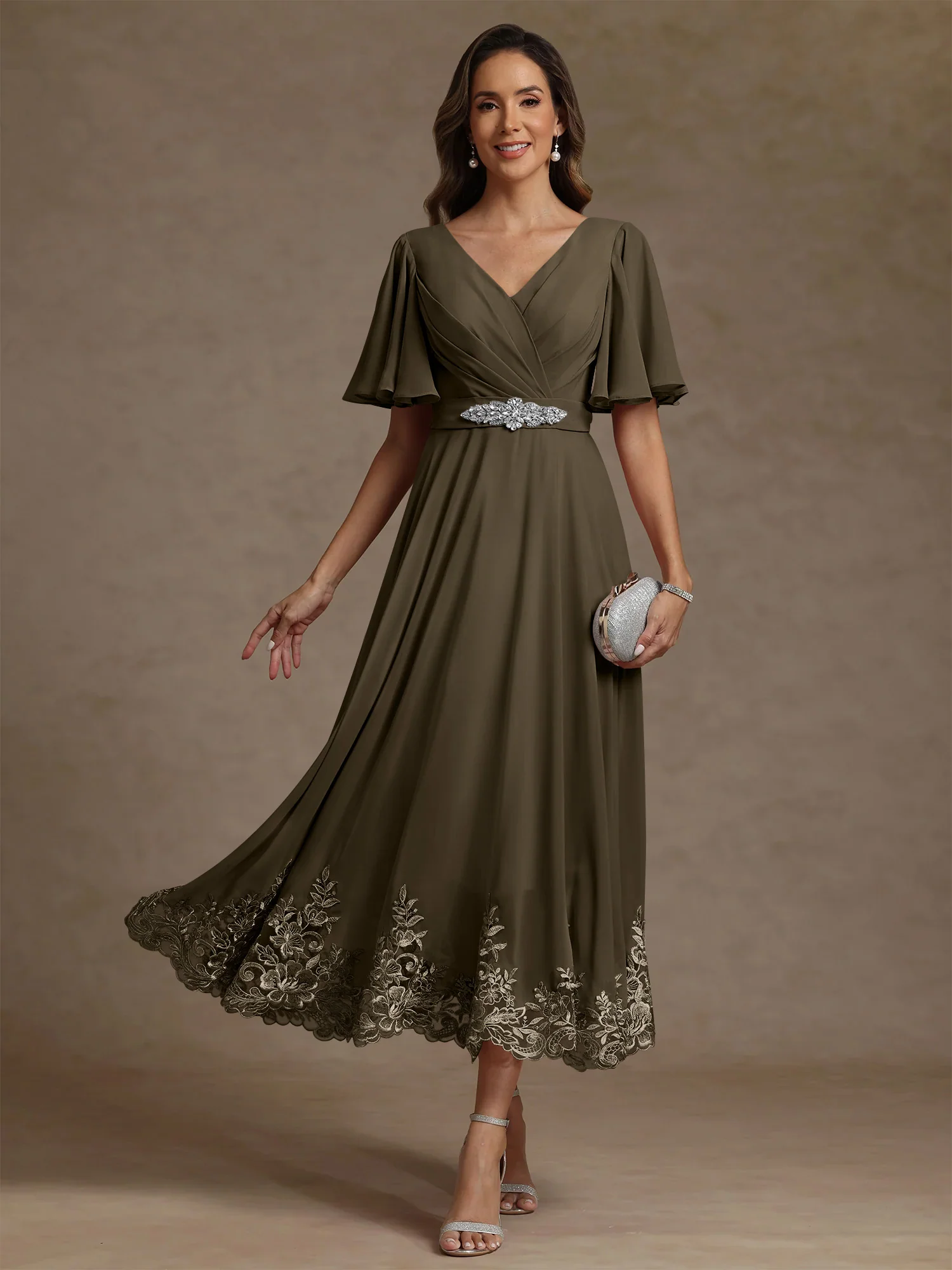 A-Line/Princess V Neck Mother of the Bride Dresses Short Sleeves Chiffon Lace Tea Length with Sash - Image 48
