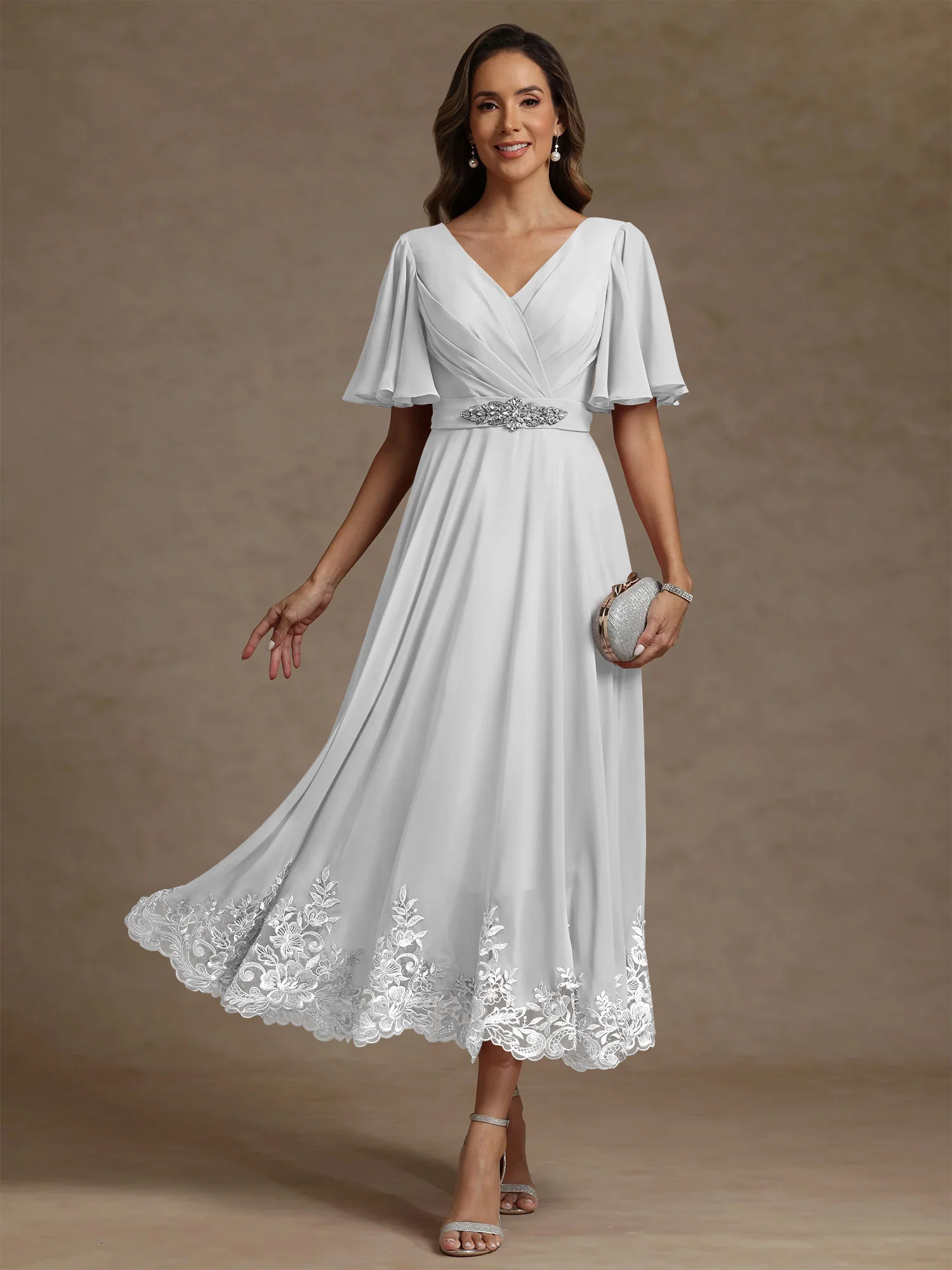 A-Line/Princess V Neck Mother of the Bride Dresses Short Sleeves Chiffon Lace Tea Length with Sash - Image 50