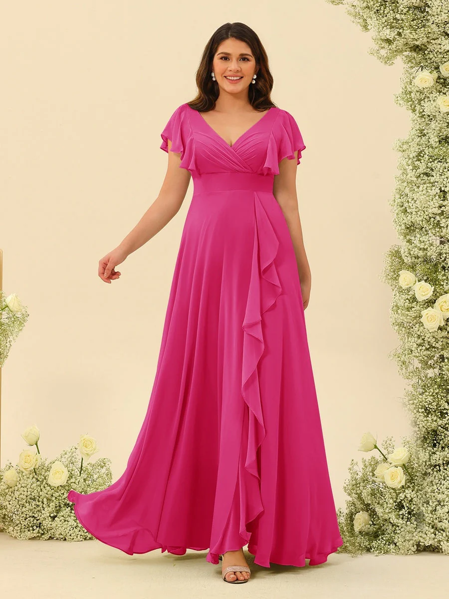 A-Line/Princess V-Neck Plus Size Bridesmaid Dresses with Ruffles - Image 29