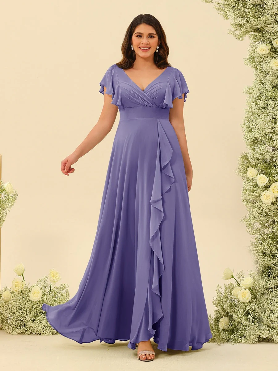 A-Line/Princess V-Neck Plus Size Bridesmaid Dresses with Ruffles - Image 37