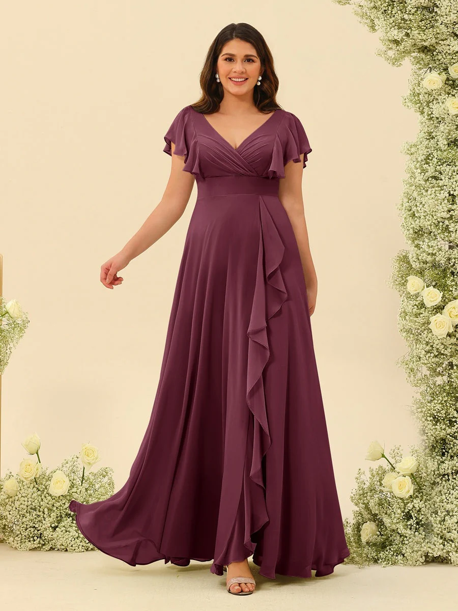 A-Line/Princess V-Neck Plus Size Bridesmaid Dresses with Ruffles - Image 39