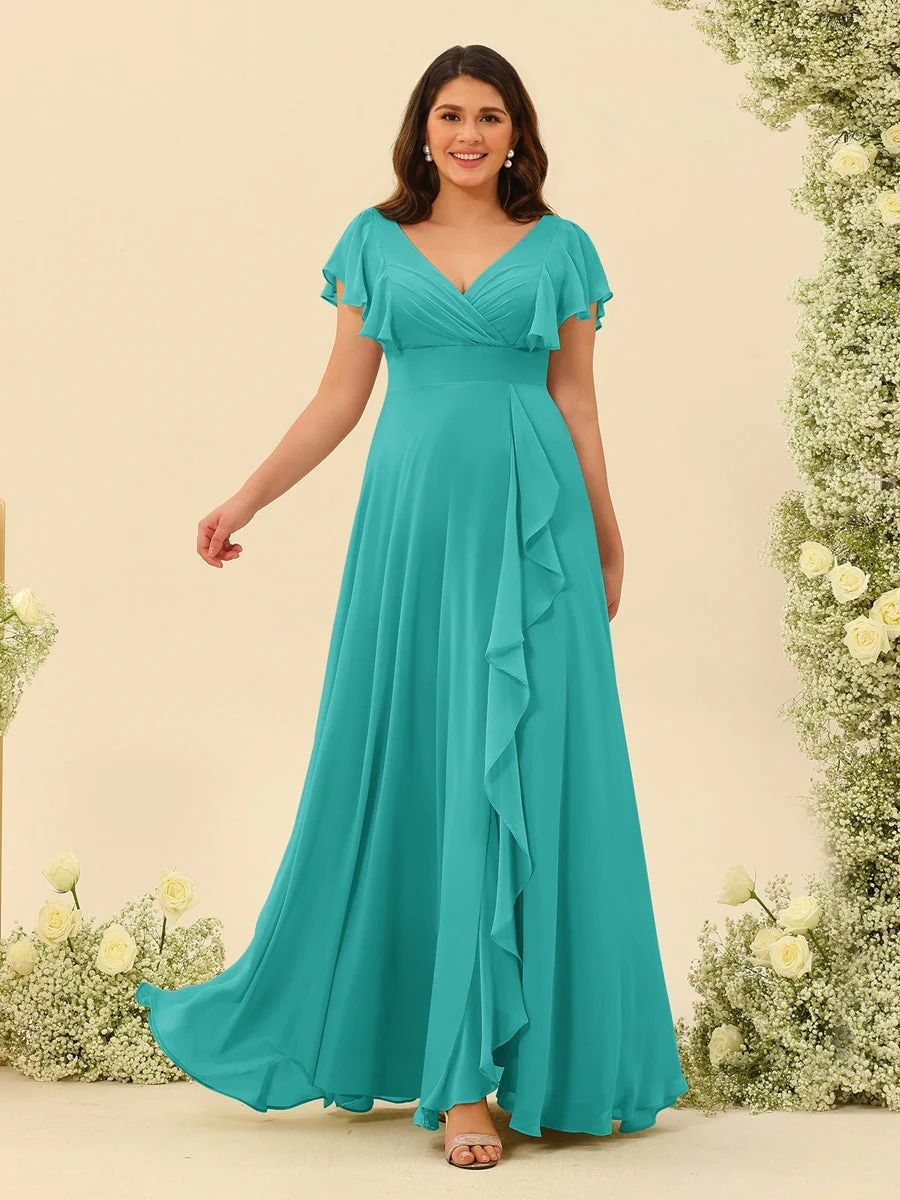 A-Line/Princess V-Neck Plus Size Bridesmaid Dresses with Ruffles - Image 59