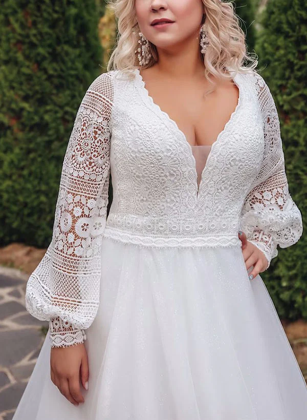 A-Line/Princess V-Neck Plus Size Lace Wedding Dress with Applique - Image 3