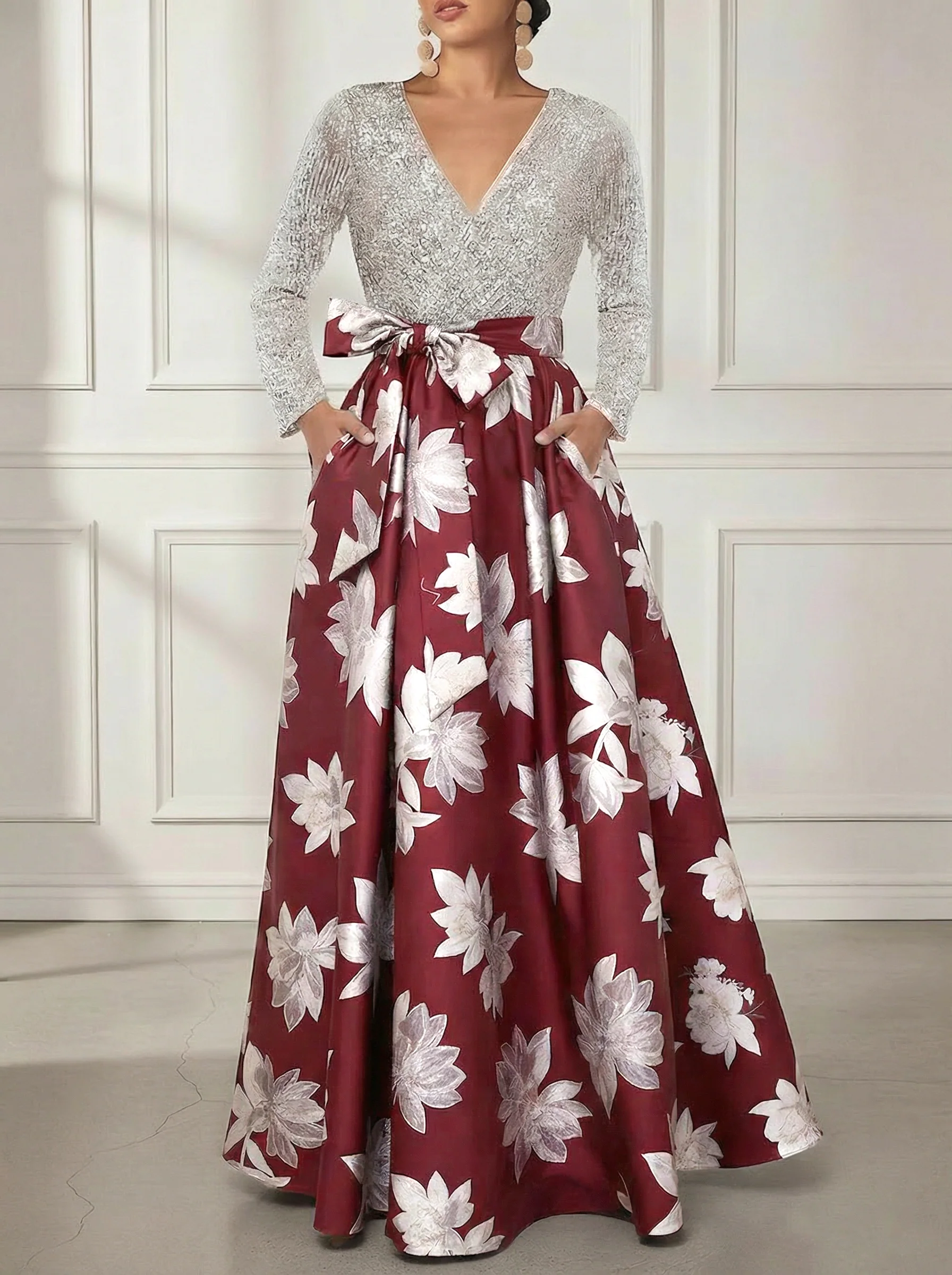 A-Line/Princess V-Neck Printed Satin Mother of the Bride Dresses Sequins Long Sleeves Floral Floor-Length Bowknot - Image 5