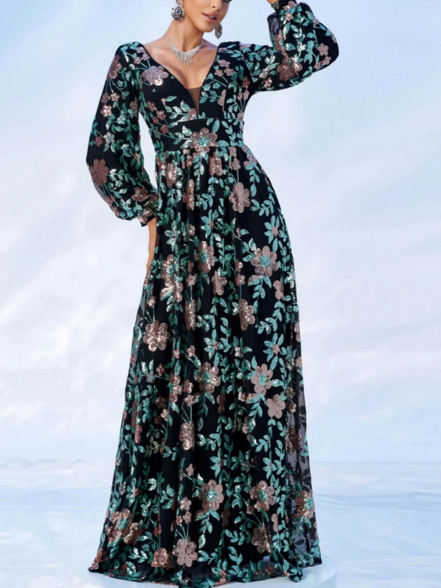 A-Line/Princess V-Neck Prom Dresses Floral Sequins Floor-Length Long Sleeves Deep V-Back Formal Dresses - Image 3