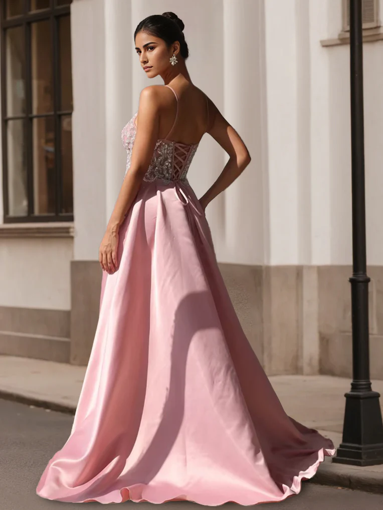 A-Line/Princess V-Neck Spaghetti Straps Prom Dresses Satin Lace Sweep Train With Split Side - Image 2