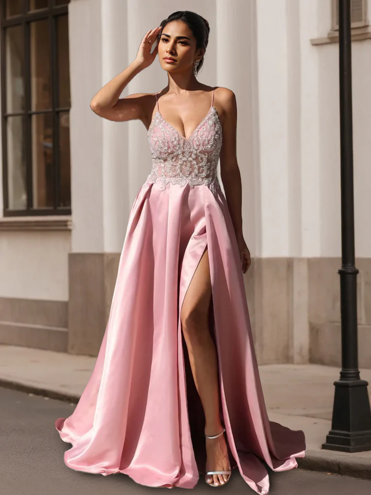 A-Line/Princess V-Neck Spaghetti Straps Prom Dresses Satin Lace Sweep Train With Split Side - Image 4