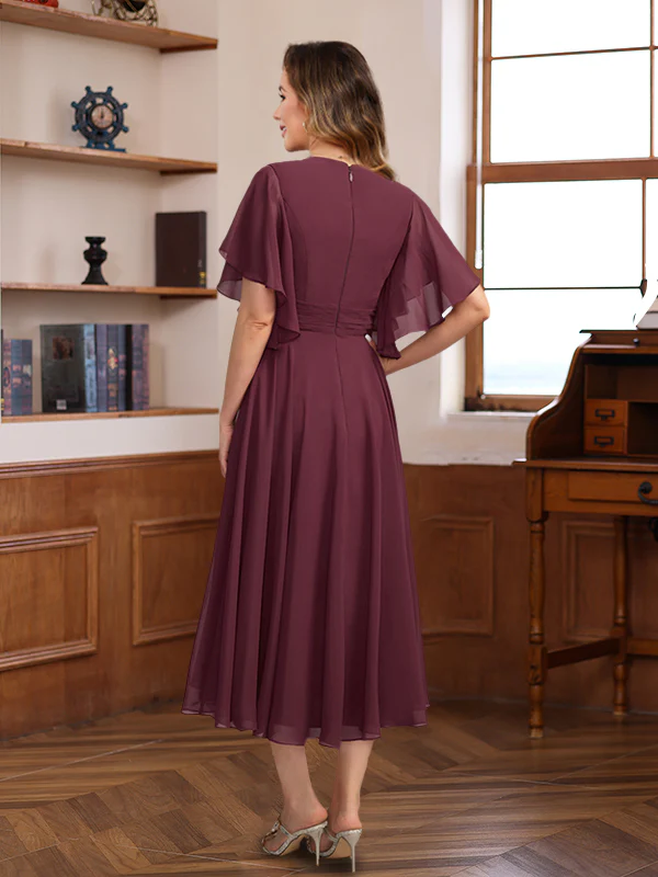 A-Line/Princess V-Neck Ruched Tea-Length Pleated Mother of the Bride & Groom Dresses with Jewel Appliques & Ruffles - Image 2