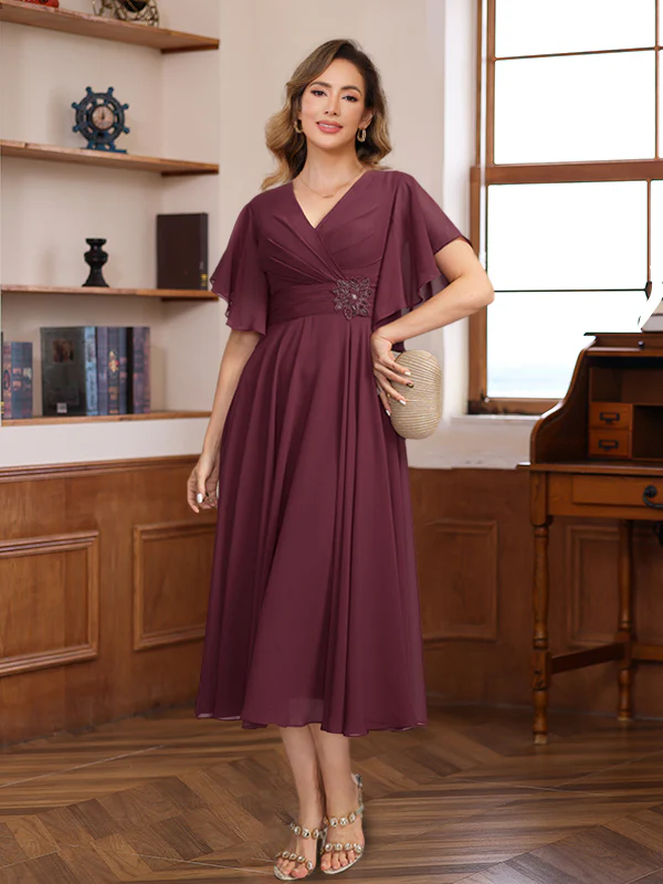 A-Line/Princess V-Neck Ruched Tea-Length Pleated Mother of the Bride & Groom Dresses with Jewel Appliques & Ruffles - Image 3
