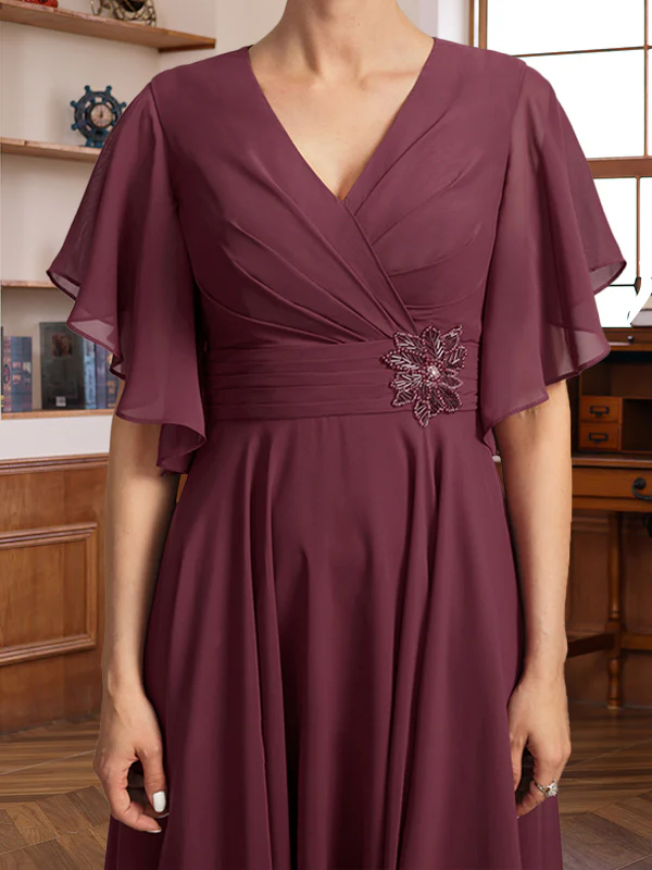 A-Line/Princess V-Neck Ruched Tea-Length Pleated Mother of the Bride & Groom Dresses with Jewel Appliques & Ruffles - Image 5