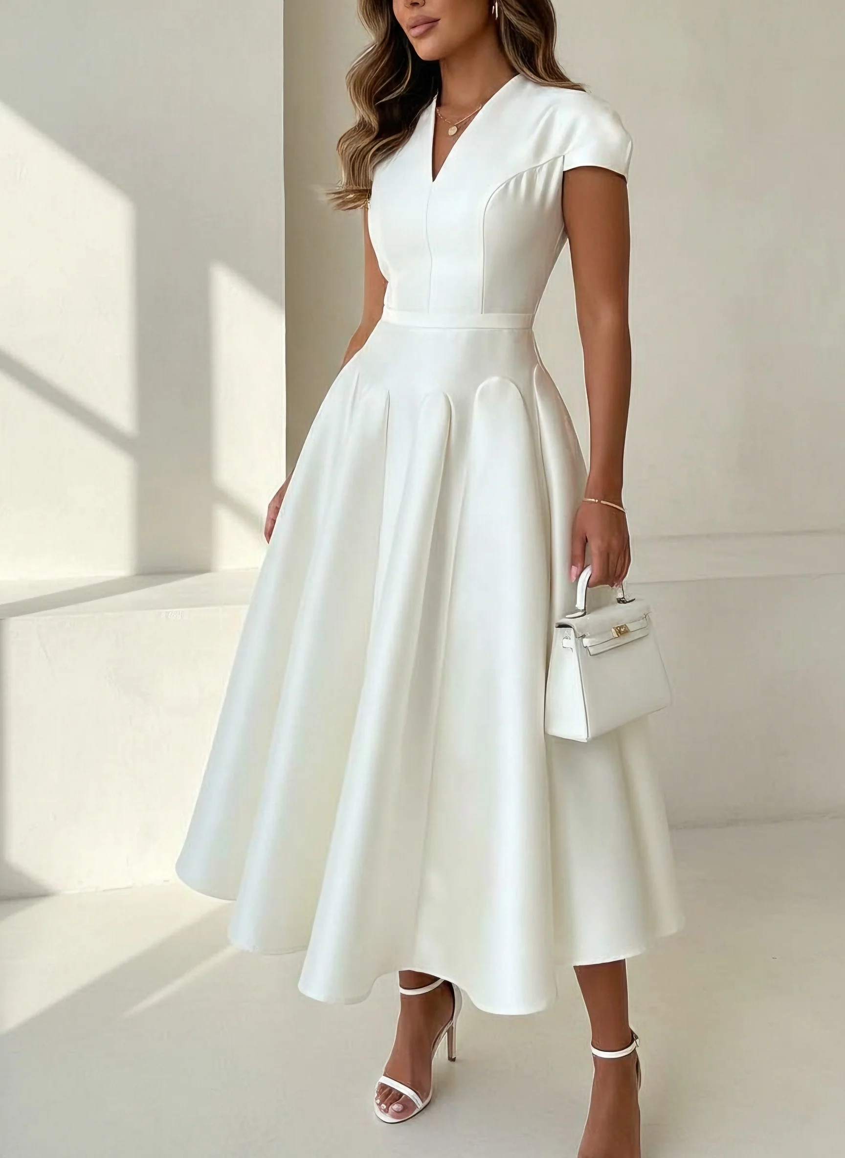 A-Line/Princess V-Neck Satin Cocktail Dresses Cap Sleeves Tea-Length Pleated Formal Dresses - Image 3