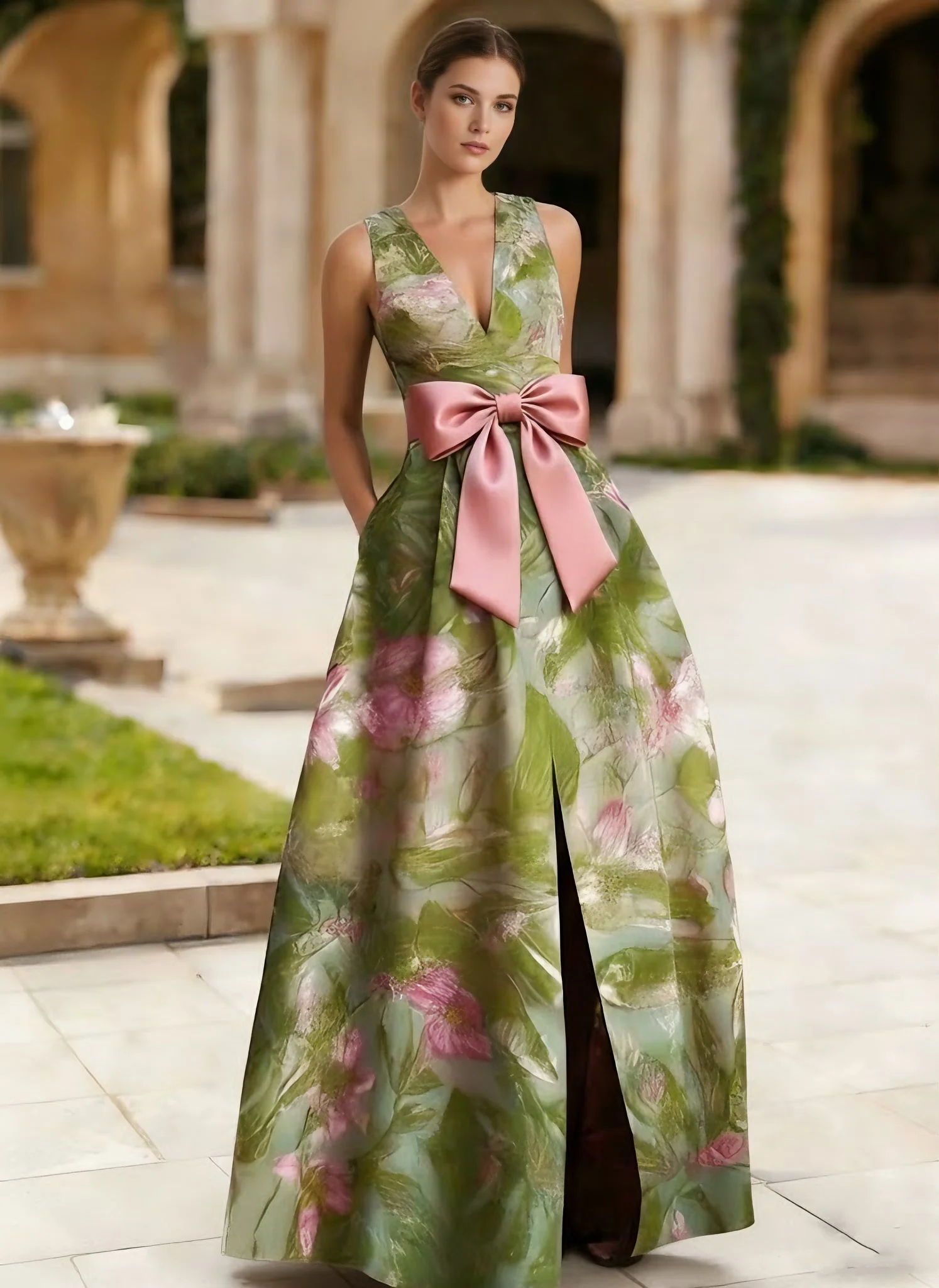 A-Line/Princess V-Neck Satin Evening Dresses Sleeveless Floral Floor-Length Bow Party Dress with Split Side - Image 3