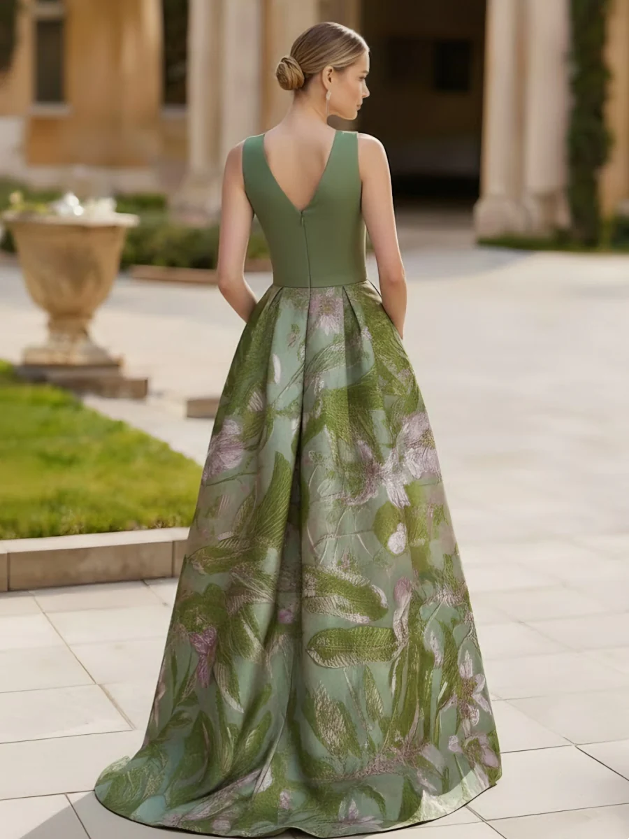 A-Line/Princess V-Neck Satin Evening Dresses Sleeveless Floral Floor-Length Party Dress with Split Side - Image 2
