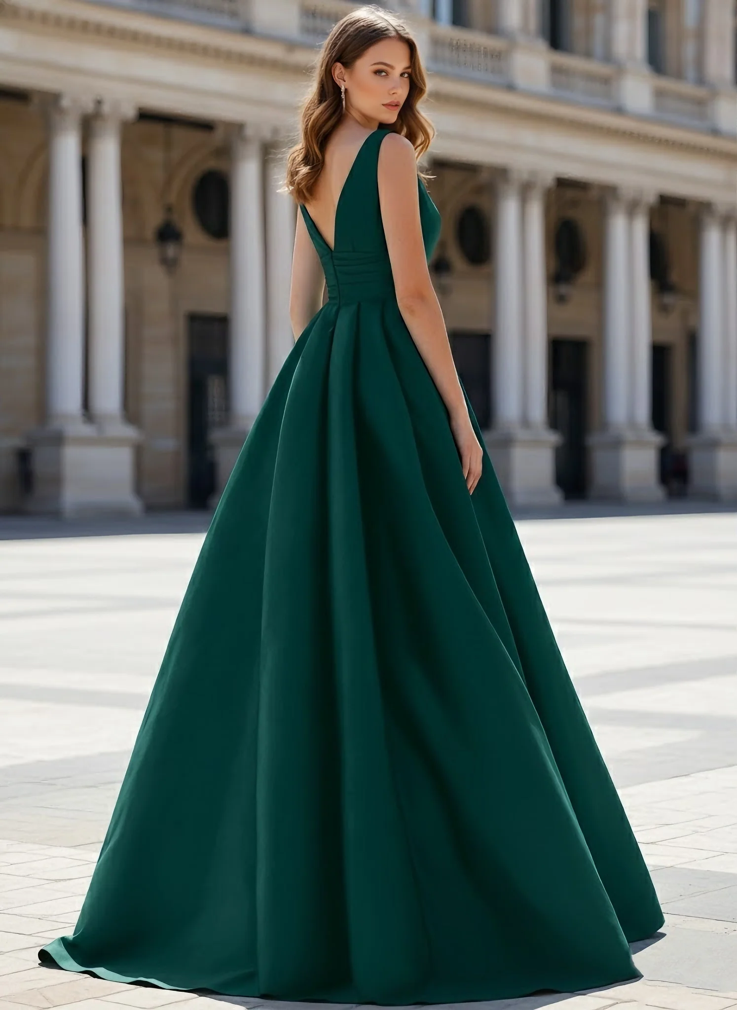 A-Line/Princess V-Neck Satin Evening Dresses Sleeveless Sweep Train Ruched Party Dresses - Image 2