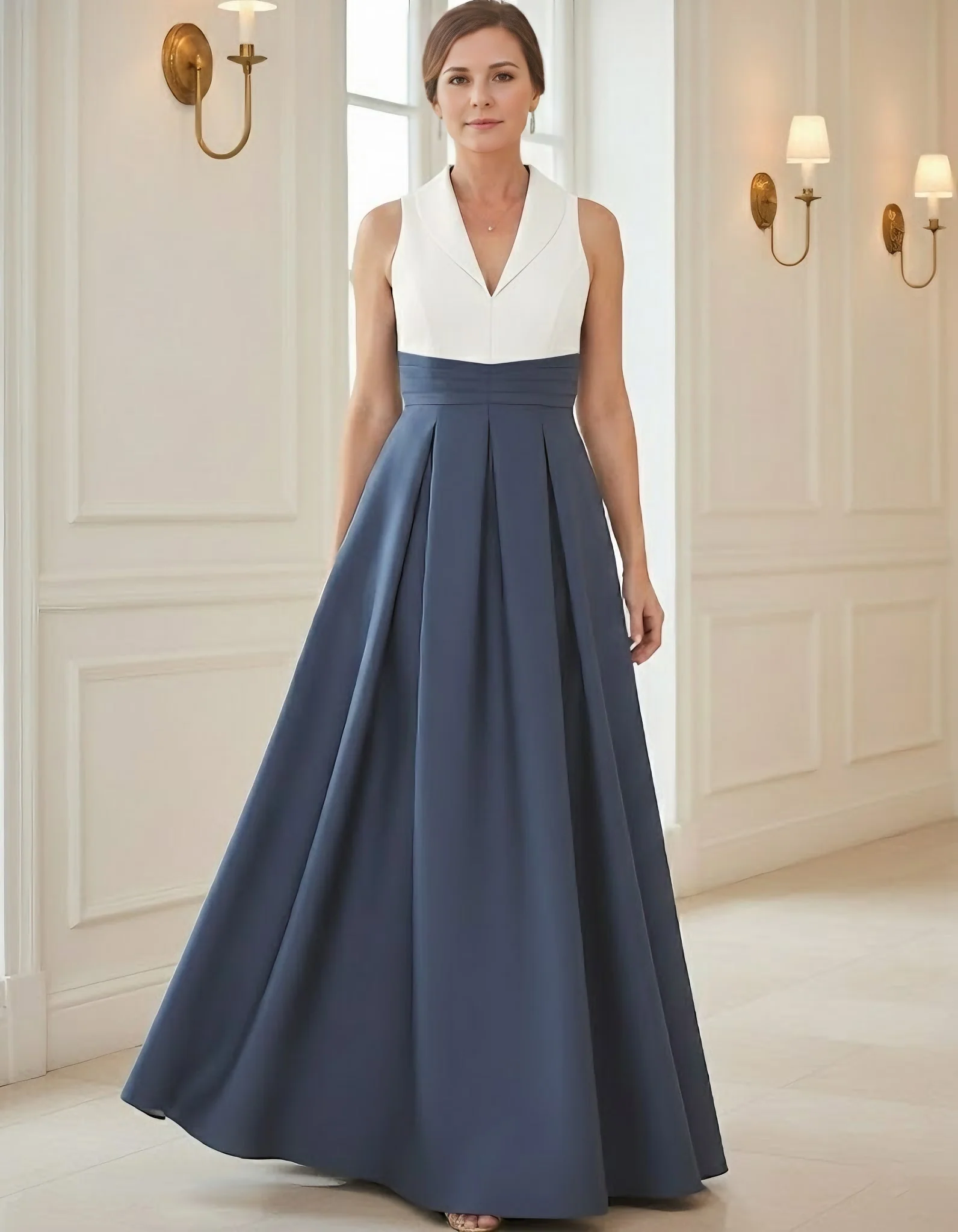 A-Line/Princess V-Neck Satin Mother of the Bride Dresses Floor-Length Sleeveless Pleated - Image 3