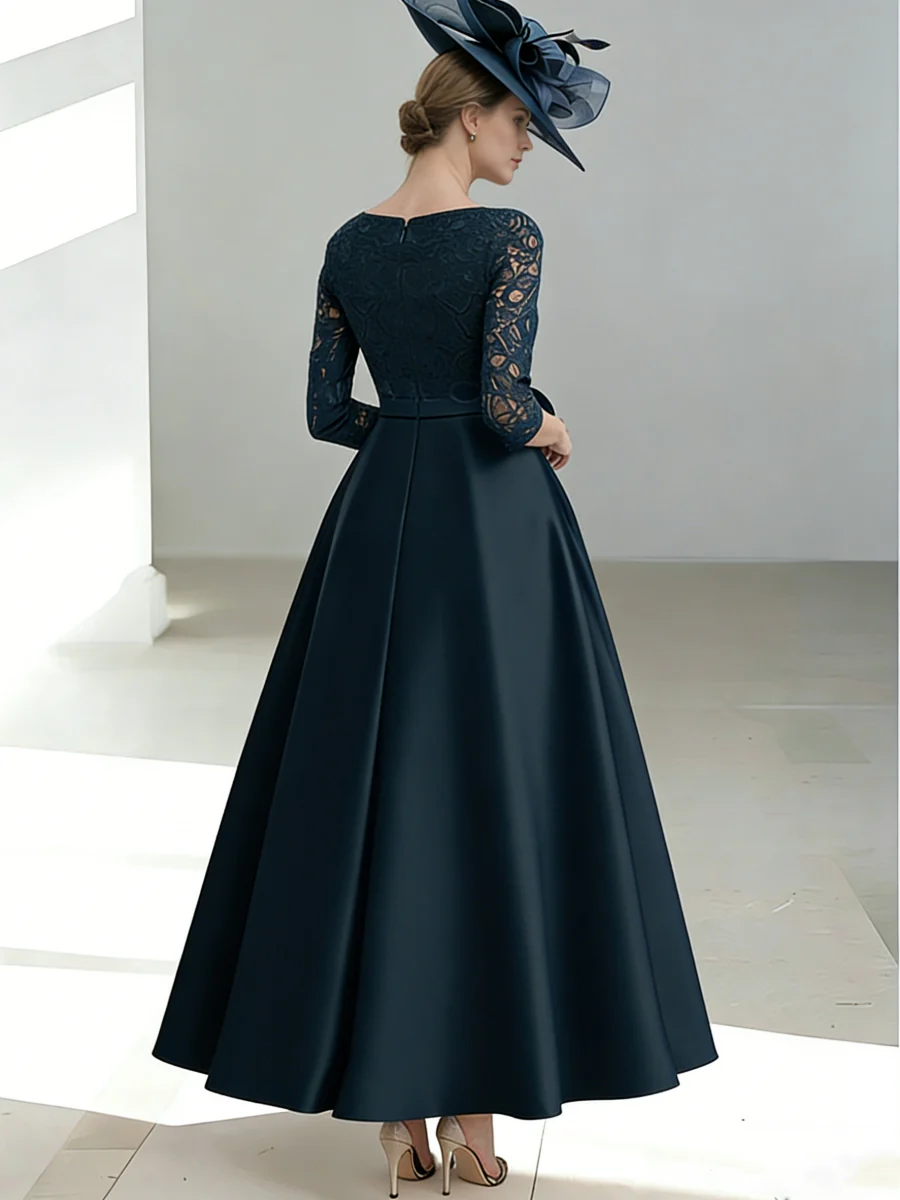 A-Line/Princess V-Neck Satin Mother of the Bride Dresses Lace 3/4 Sleeves Ankle-Length Bow - Image 2