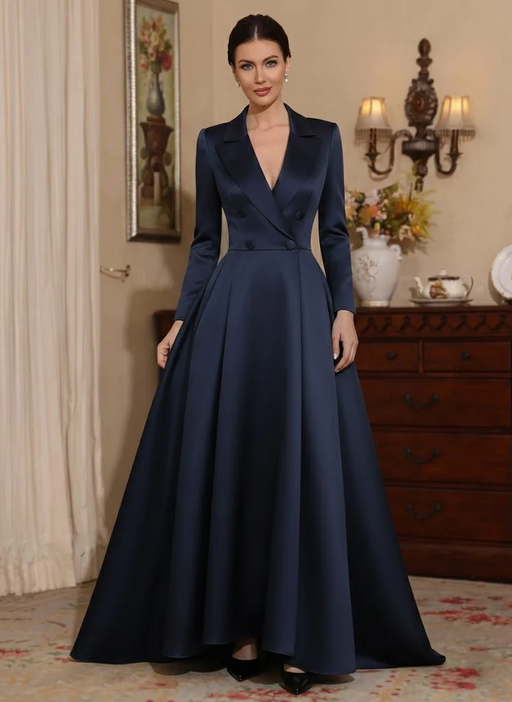 A-Line/Princess V-Neck Satin Mother of the Bride Dresses Long Sleeves Floor-Length Pleated - Image 4