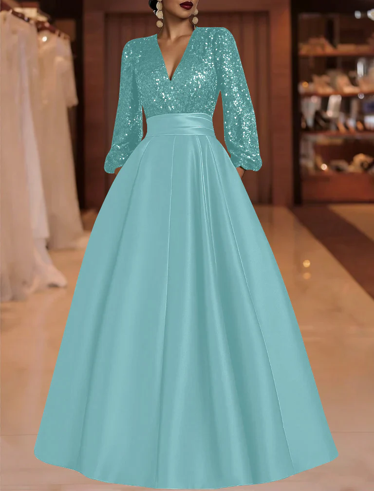 A-Line/Princess V-Neck Satin Mother of the Bride Dresses Sequins Pocket Long Sleeves Floor-Length - Image 20