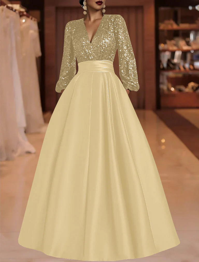 A-Line/Princess V-Neck Satin Mother of the Bride Dresses Sequins Pocket Long Sleeves Floor-Length - Image 24
