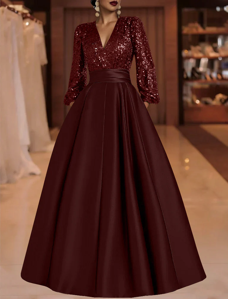 A-Line/Princess V-Neck Satin Mother of the Bride Dresses Sequins Pocket Long Sleeves Floor-Length - Image 26