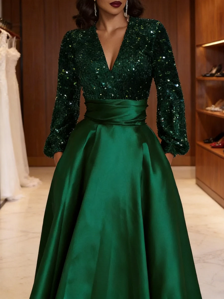A-Line/Princess V-Neck Satin Mother of the Bride Dresses Sequins Pocket Long Sleeves Floor-Length - Image 3