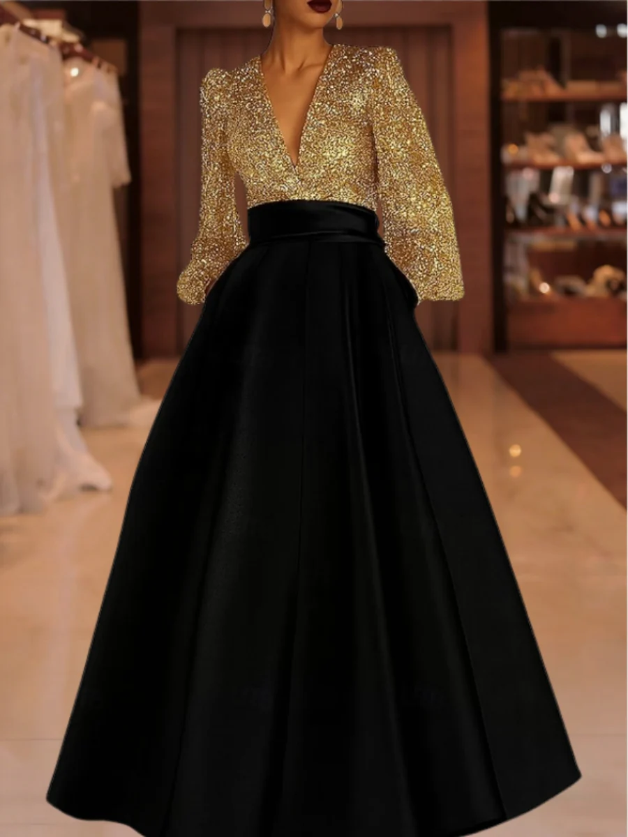 A-Line/Princess V-Neck Satin Mother of the Bride Dresses Sequins Pocket Long Sleeves Floor-Length - Image 5