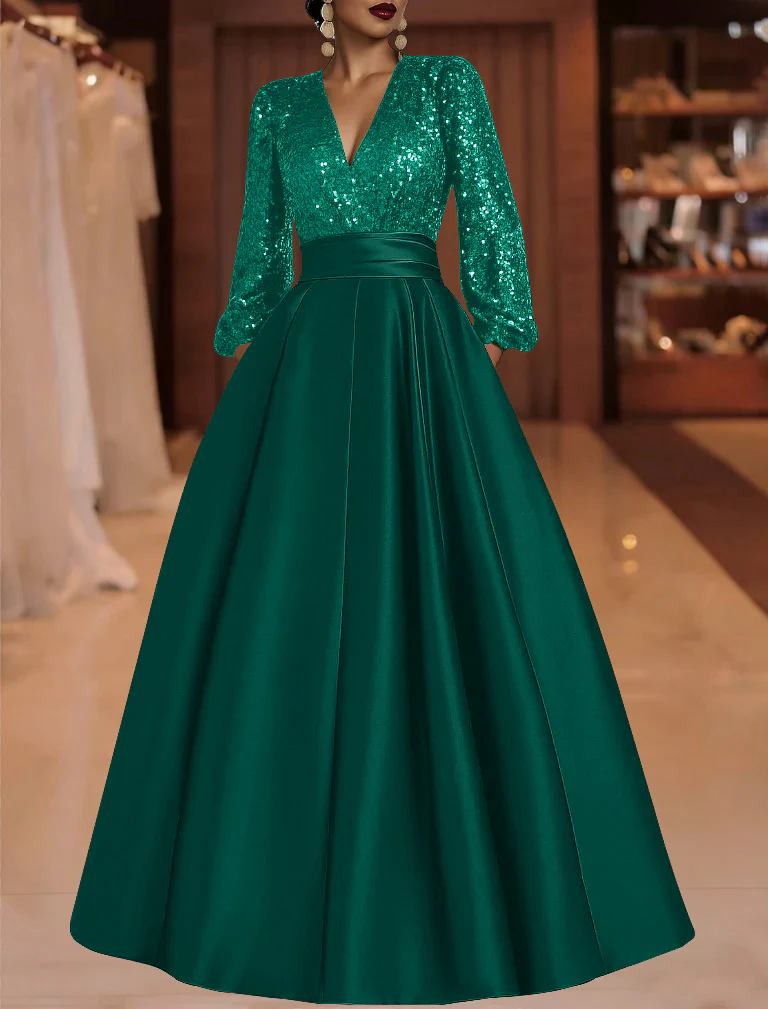 A-Line/Princess V-Neck Satin Mother of the Bride Dresses Sequins Pocket Long Sleeves Floor-Length - Image 7