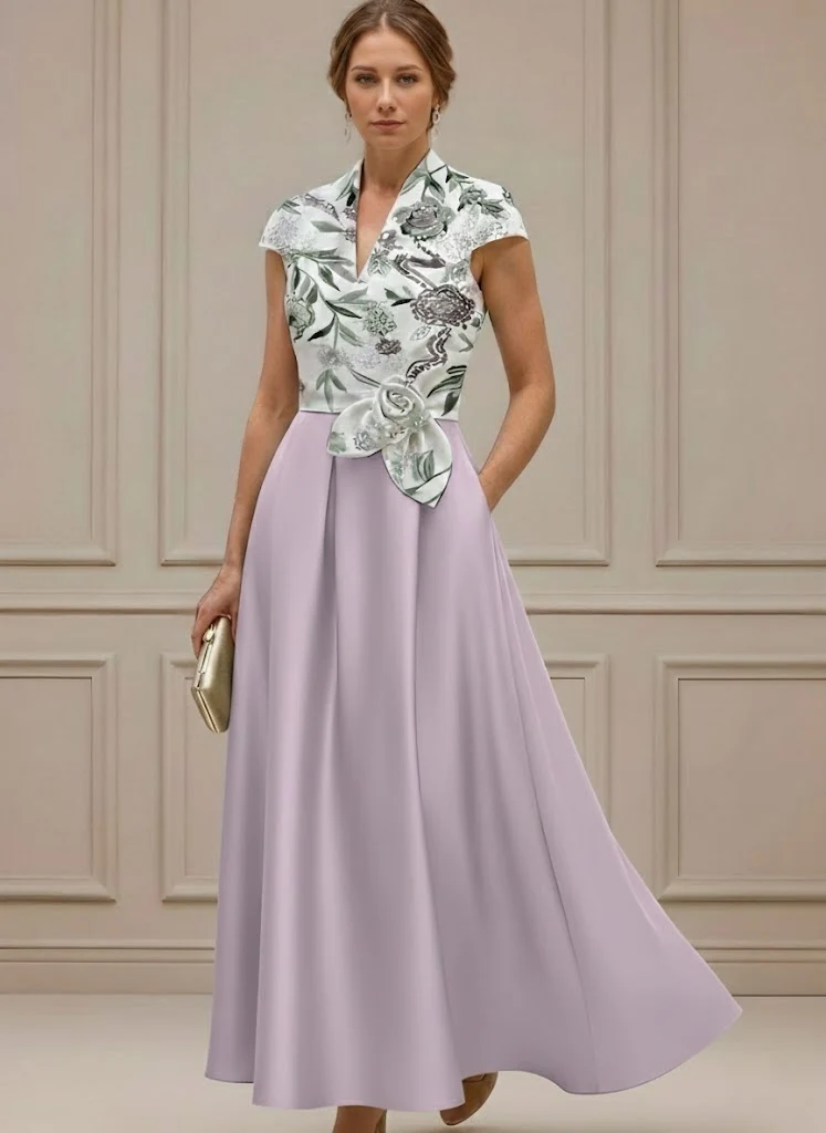 A-Line/Princess V-Neck Satin Mother of the Bride Dresses with Sash Short Sleeves Ankle-Length Floral - Image 5