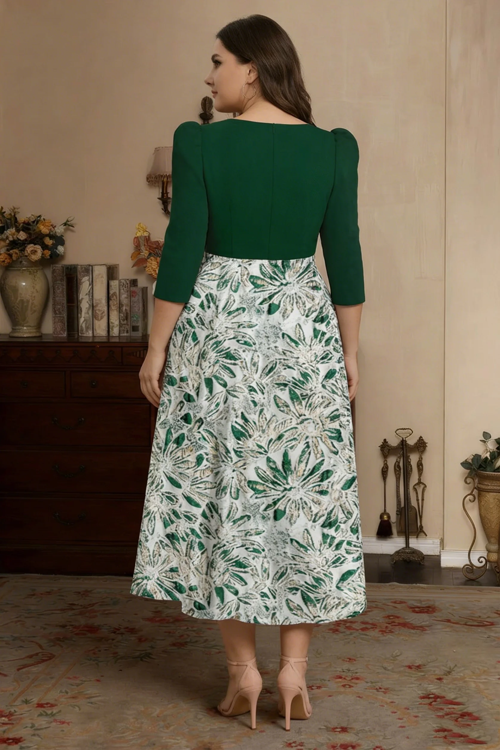 A-Line/Princess V-Neck Satin Plus Size Mother of the Bride Dresses 3/4 Sleeves Tea-Length Floral with Bow Pleats - Image 2