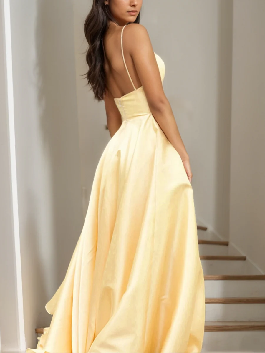 A-Line/Princess V-Neck Satin Prom Dresses Spaghetti Straps Floor-Length Sweep Train Formal Dress - Image 2