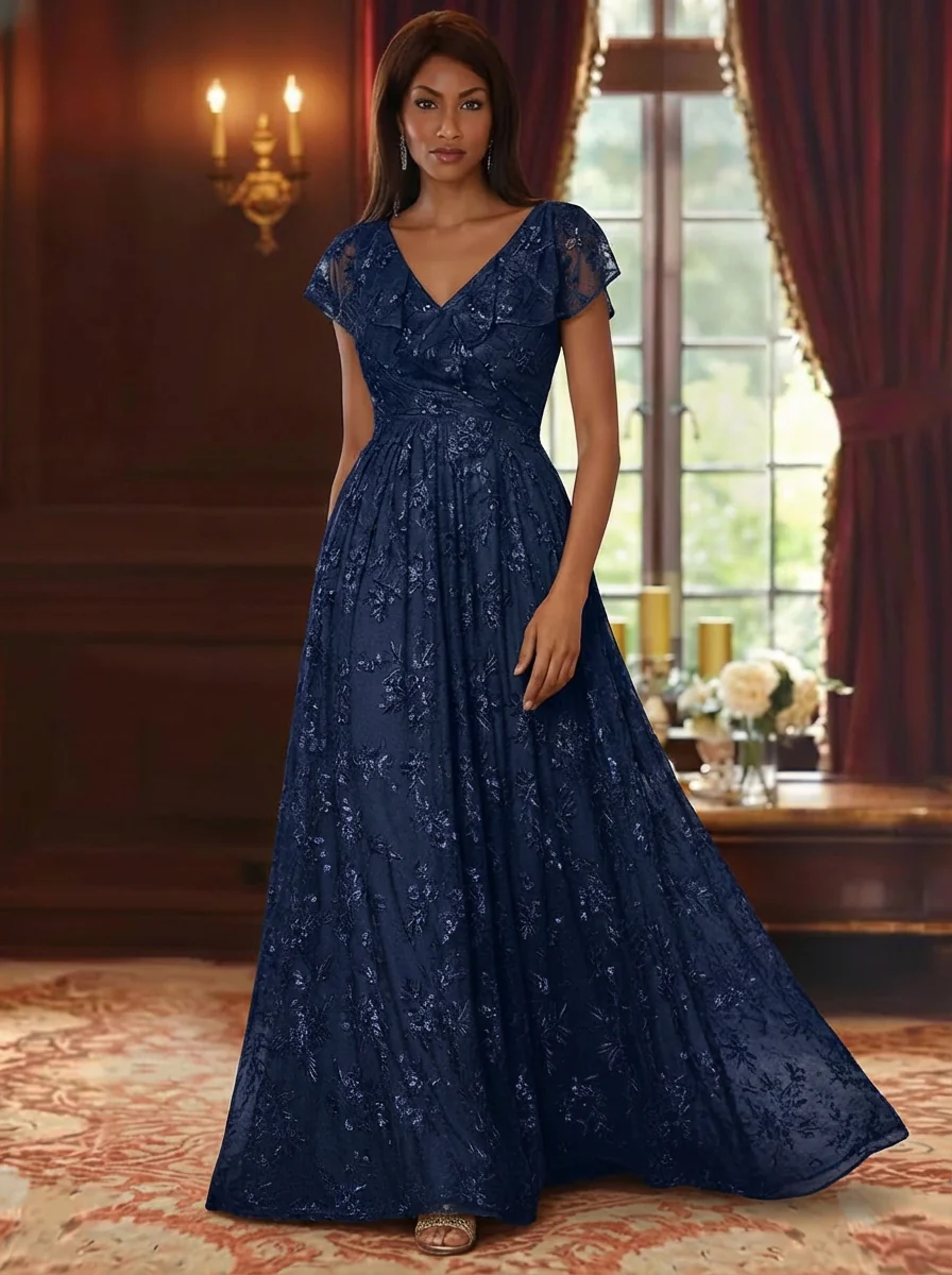 A-Line/Princess V-Neck Sequins Lace Mother of the Bride Dresses Short Sleeves Floral Floor-Length - Image 3