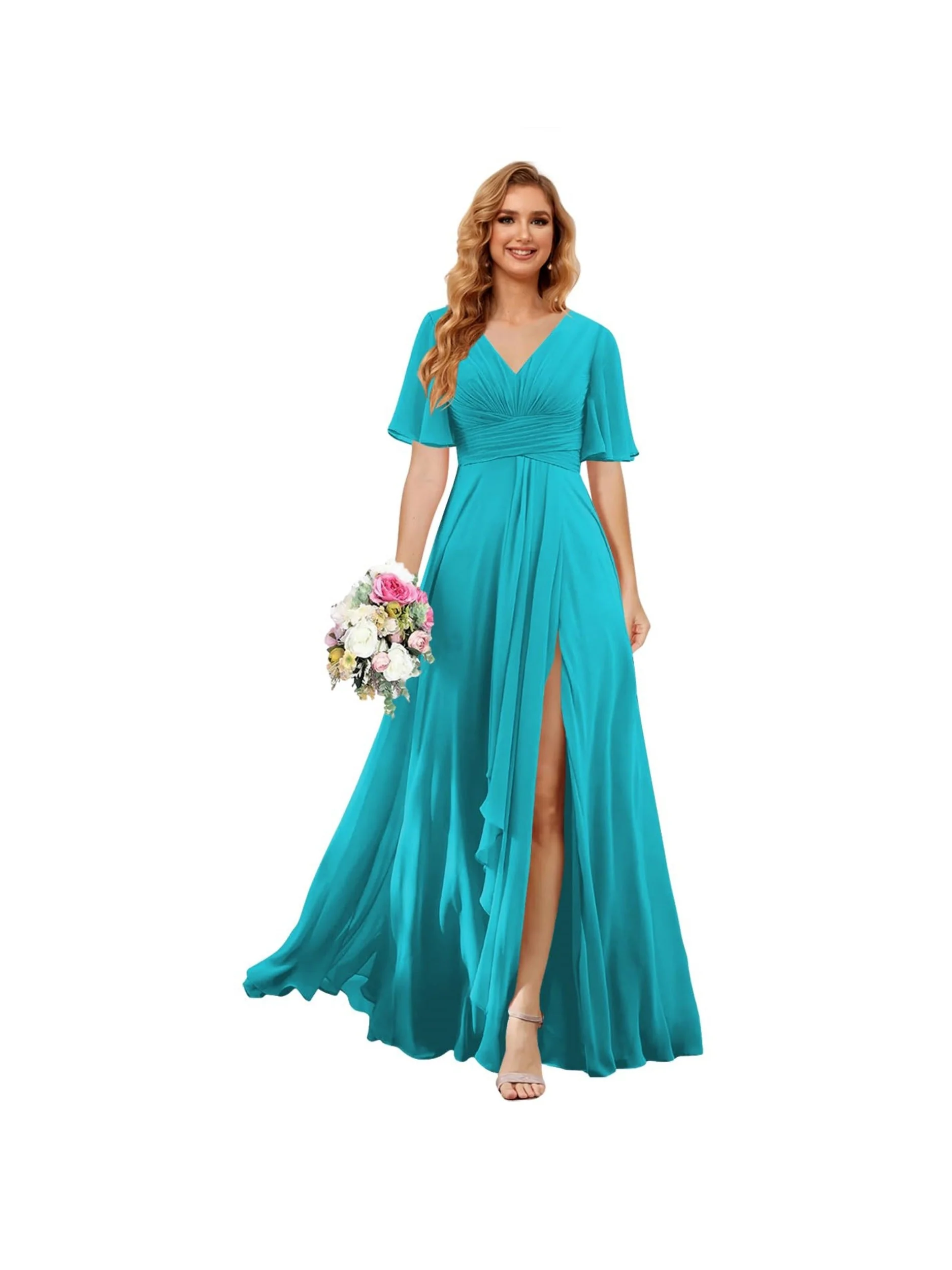 A-Line/Princess V Neck Short Sleeve Floor Length Bridesmaid Dresses Chiffon with Slit - Image 10