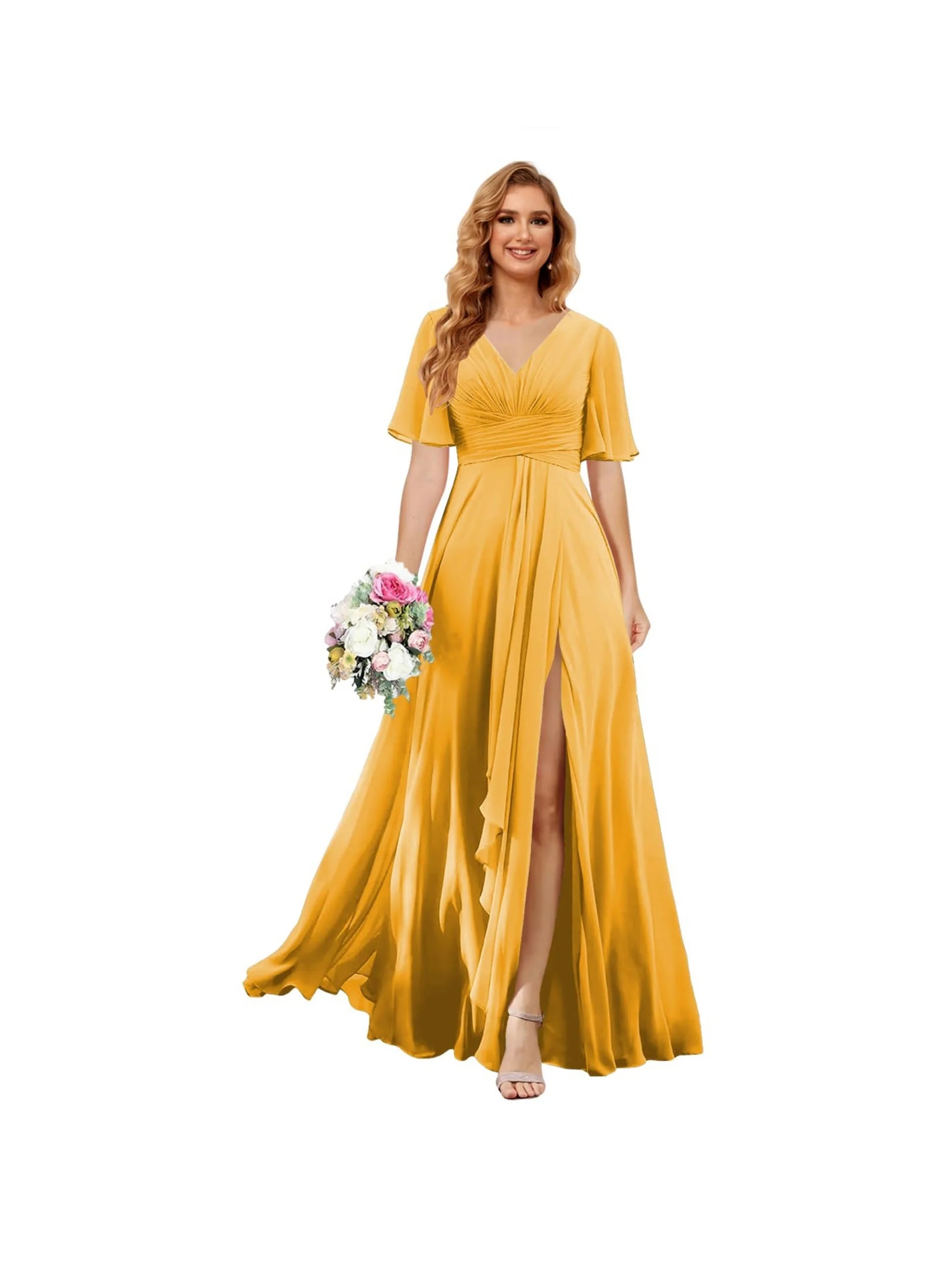 A-Line/Princess V Neck Short Sleeve Floor Length Bridesmaid Dresses Chiffon with Slit - Image 14